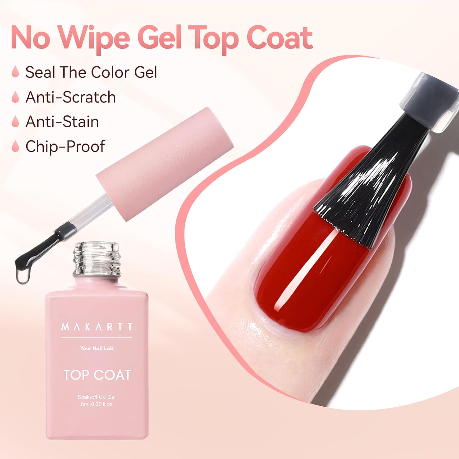 Makartt Gel Top Coat - 2PCS No Wipe Top Coat Gel Nail Polish, Long-Lasting Glossy Finish, Clear Nail Polish, Non-Yellowing, Pink Bottle, Soak Off with UV/LED Lamp, DIY Manicure Gift for Women-Velvo Beauty
