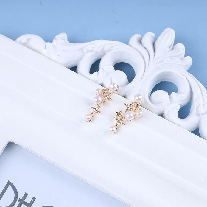 Vintage Pearl Star Earrings Rhinestone Pearl Drop Earrings Gold Crystal North Star Earrings Cz Northstar Studs Earrings Jewelry for Women-Velvo Beauty