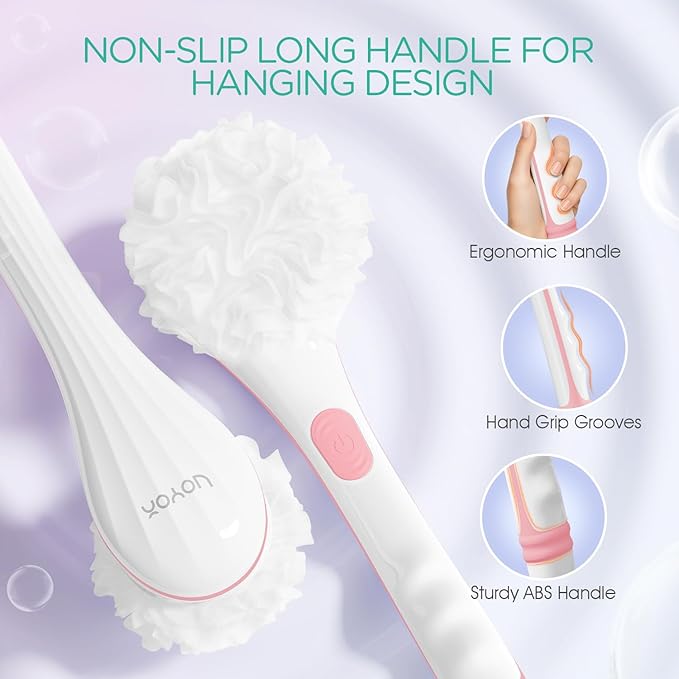 VOYOR Electric Body Brush Back Scrubber for Shower Rechargeable Exfoliating Bath Brush Powered Shower Brush with Non-Slip Long Handle Deep Cleansing, Exfoliation, Massaging Spin Brush BC100 (Pink)-Velvo Beauty