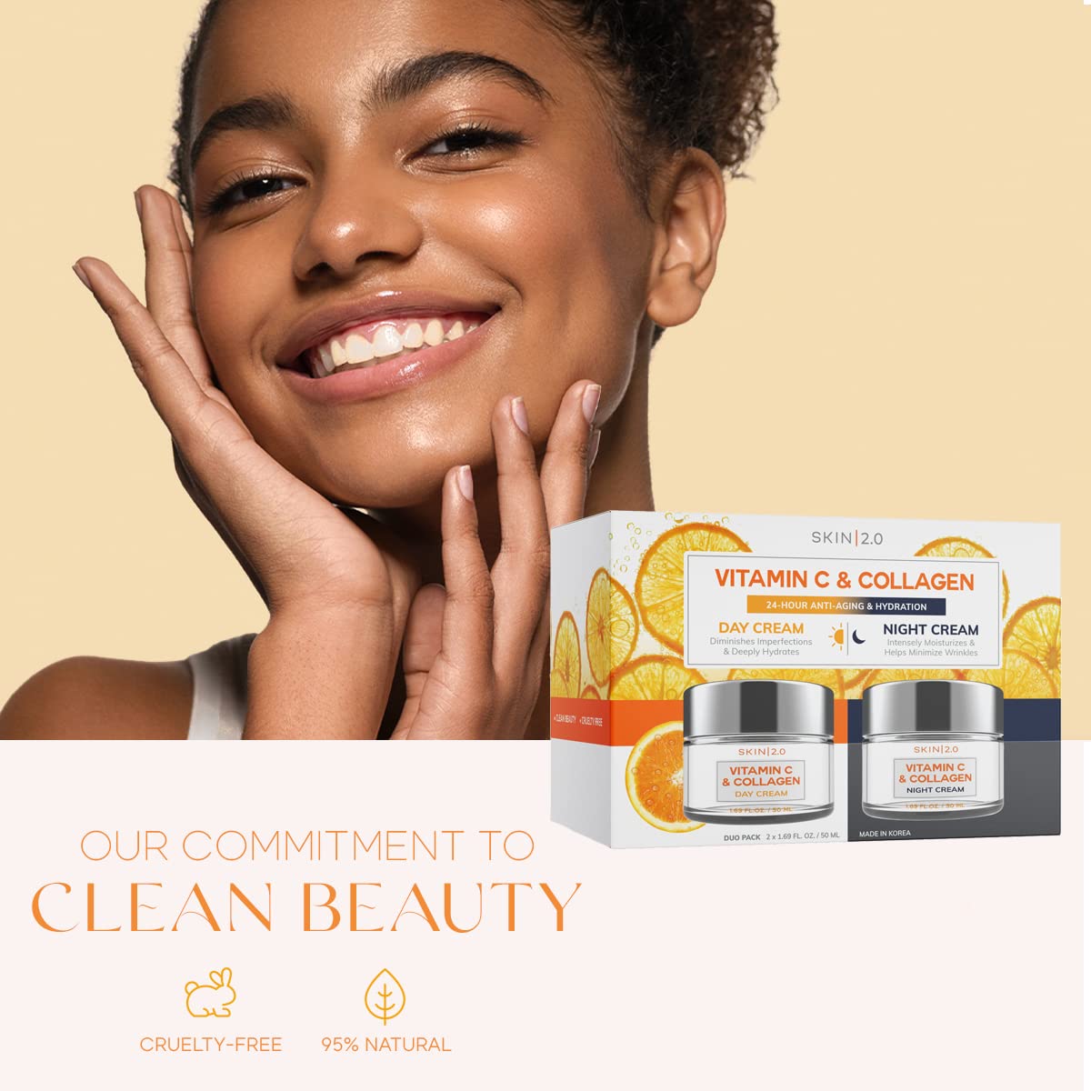 Vitamin C & Collagen Day & Night Face Moisturizer Cream - Dermatologist Tested, Brightening, Anti-Aging, Clean Beauty, Cruelty-Free Korean Skincare for All Skin Types - 1.69 oz (2-Pack)-Velvo Beauty