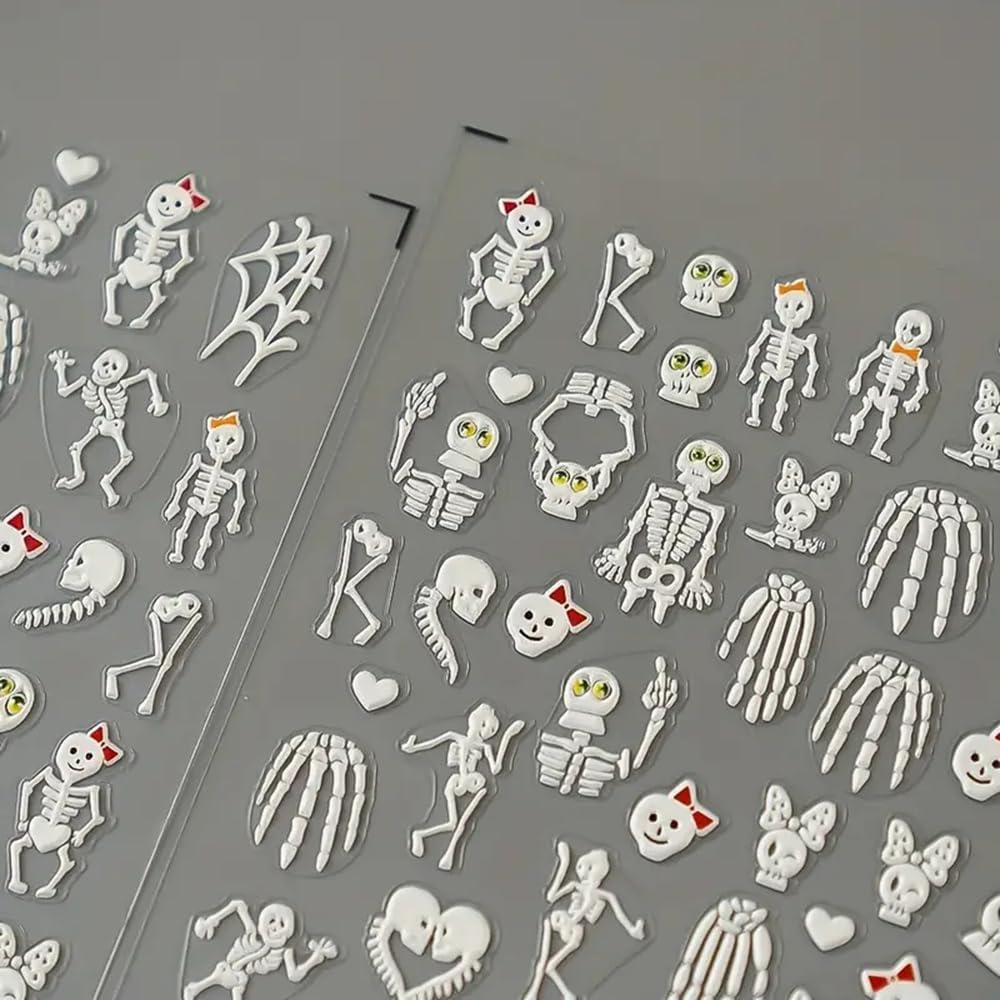 2 Sheets Halloween 5D Embossed Nail Art Stickers - Skeleton, White Skull Nail Stickers with Spider Web Heart Design - Self-Adhesive Horror Decals for Women - Art Supplies and Decorations-Velvo Beauty
