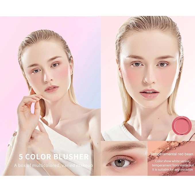 UCANBE 5 Colors Face Blusher Palette Waterproof Matte Long Lasting Lightweight Blush Powder Pink Coral Blushing Pallet with Brush Mirror Women Makeup Gift Set Kit-Velvo Beauty