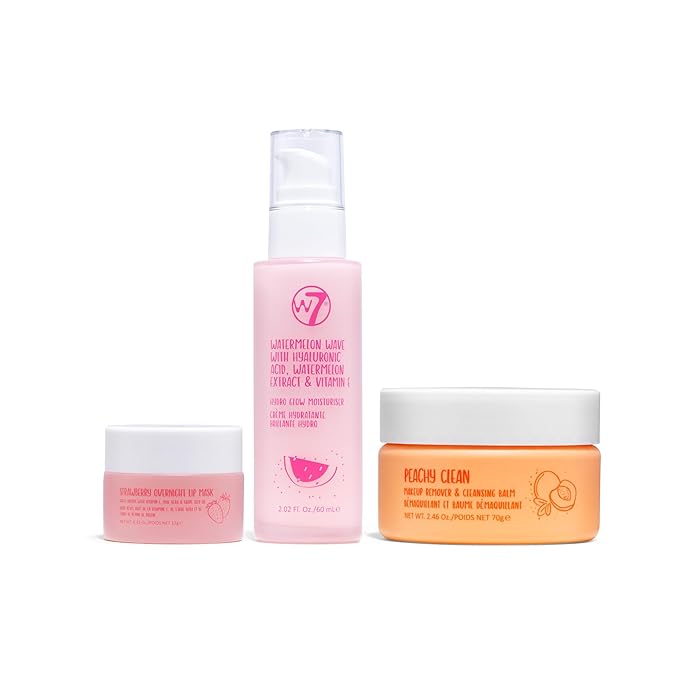 W7 Peachy Clean Makeup Removal, Aftercare & Cleansing Set - Remove Makeup, Moisturise & Soothe Skin and Lips - Including Sweet Dreams Overnight Lip Mask and Watermelon Wave Hydro-Glow Moisturiser-Velvo Beauty