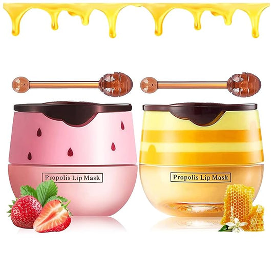 Honey Lip Balm Pot, Propolis Lip Mask, Strawberry Hydrating Propolis Lip Sleeping Mask, Prevent Dry&Cracked, Lip Repair Nourishes the Lip Skin (Honey & Strawberry)-Velvo Beauty