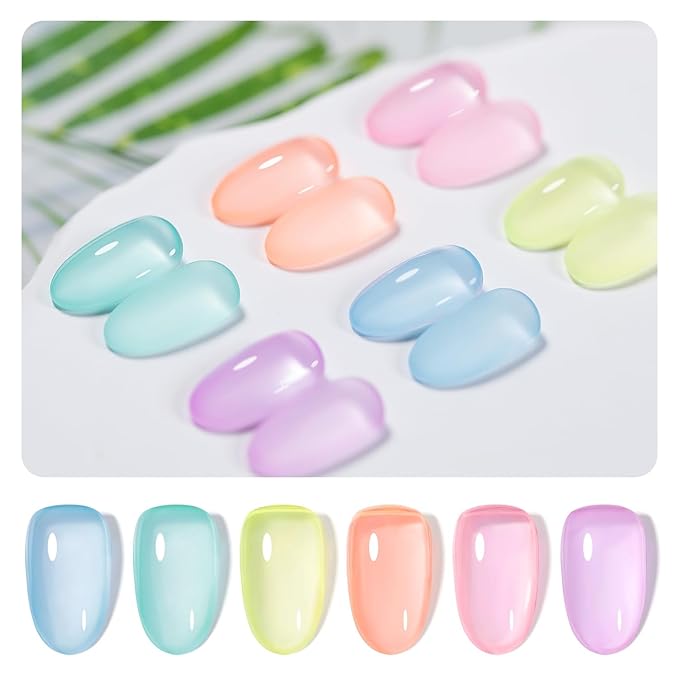 RARJSM Pastel Stained Glass Gel Nail Polish Set 6pcs Clear Orange Yellow Blue Pink Purple Crytal Transparent Jelly Series Sheer Amber Gel Varnish LED UV Curing Requires Spring Easter French Manicure-Velvo Beauty
