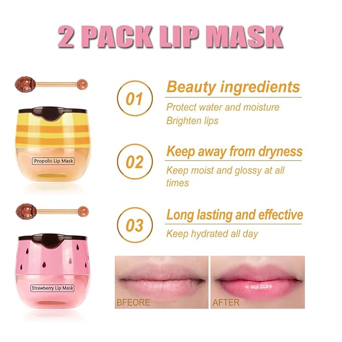 2PCS Bee Lip Balm Honey Pot & Strawberry Vitamin E Lip Sleep Masks Hydrating Prevention Dry and Cracked Lip Scrubs Exfoliator, Reduces Lip Lines，Lip Exfoliating Balm Sleeping Lip Mask-Velvo Beauty