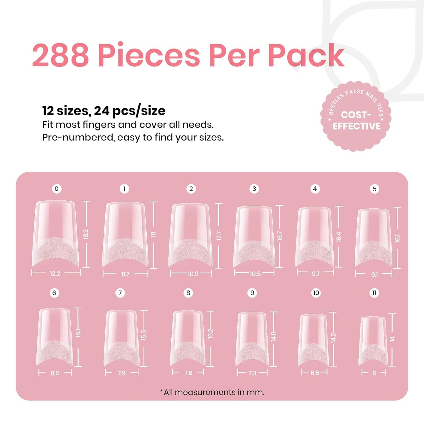 Beetles Gel Nail Tips Kit Etch-X, Square Medium, 288Pcs 12 Sizes, with 10mL Nail Glue, Pre-Etched Half Matte Half Cover Soft Acrylic False Nail Kit for Home DIY Salon Art Fall Press on Nail Extension-Velvo Beauty