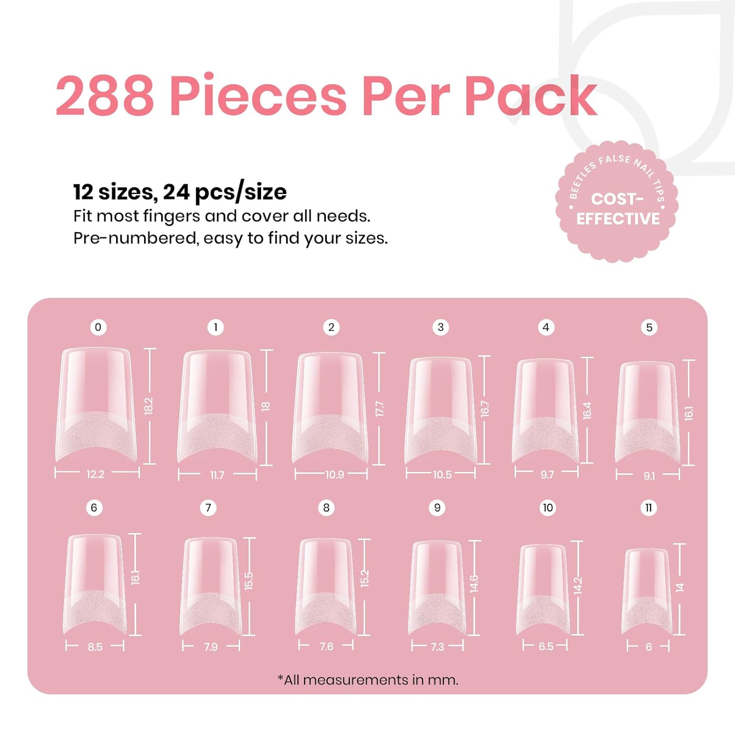 Beetles Gel Nail Tips Kit Etch-X, Square Medium, 288Pcs 12 Sizes, with 10mL Nail Glue, Pre-Etched Half Matte Half Cover Soft Acrylic False Nail Kit for Home DIY Salon Art Fall Press on Nail Extension-Velvo Beauty