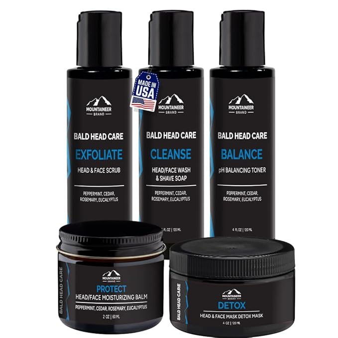Mountaineer Brand Ultimate Bald Head Care Gifts Bundle For Men | All Natural 5 Step Skin Care for Healthy Scalp & Face | Exfoliate Scrub | Cleanse Wash | Shine Away | Moisturizing Balm | Detox-Velvo Beauty