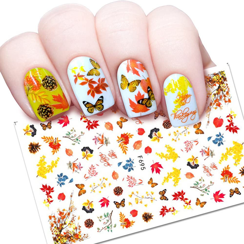 8 Sheets Fall Nail Art Stickers Thanksgiving Nail Decals 3D Maple Leaf Nail Stickers Autumn Butterfly Maple Leaves Nail Designs Decorations for Women Kids Girls Holiday DIY Manicure Charms-Velvo Beauty