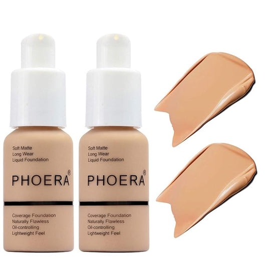 BestLand 2Pack PHOERA Foundation Full Coverage Liquid Foundation Cream - Long-lasting Lightweight Concealer - Oil-Free Formula - Natural Shade - Suitable for All Skin Types (2 Pack Buff Beige #104)-Velvo Beauty
