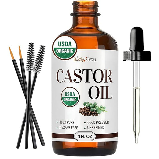 Organic Castor Oil (4oz) - 100% Pure Natural Cold-Pressed Hexane-Free USDA Certified - Glass Bottle - Hair Growth Oil for Scalp Eyelashes Face Skin - Dry Skin Moisturizer Natural Hair Care-Velvo Beauty