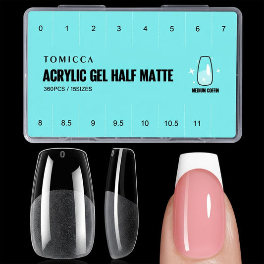 TOMICCA Medium Coffin Nail Tips, 360Pcs Half Matte Gel Nails, 15 Sizes Nail Extension Tips Set, Full Cover Pre Shaped Fake Nails for Beginner and Professional DIY Nail Salon-Velvo Beauty