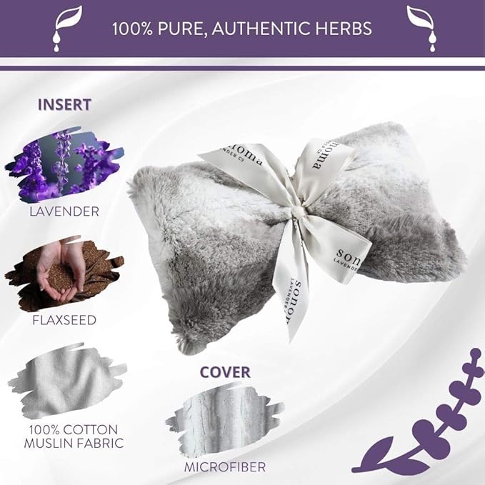 Sonoma Lavender Spa Mask, Heatable/Chillable Aromatherapy Eye Pillow with Lavender Infused Flaxseed Insert, Eye Compress for Stress Relief with Removable and Washable Cover (Platinum Angora)-Velvo Beauty