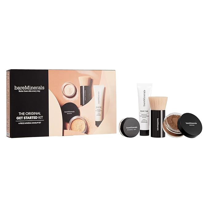bareMinerals Original Get Started Kit, 4 Piece Mini Mineral Makeup Includes Original Loose Foundation, Face Primer, Setting Powder, Brush, Travel Sizes, Must-Have Kit, Vegan-Velvo Beauty