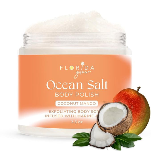 Sea Salt Body Scrub by Florida Suncare - Ocean Salt Body Polish Infused with Marine Algae - Exfoliating Face and Body Scrub - Facial Scrub Exfoliator to Tackle Acne and Scars (Coconut Mango, 3.3 oz)-Velvo Beauty