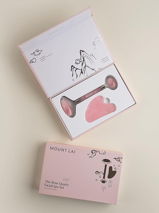 Mount Lai Rose Quartz Gua Sha Facial Tools, Pink Quartz Gua Sha Facial Tools Set and Roller, Guasha Tool for Face to Relieve Muscle Tension and Reduce Puffiness, Anti Aging Skin Care Sets for Women-Velvo Beauty