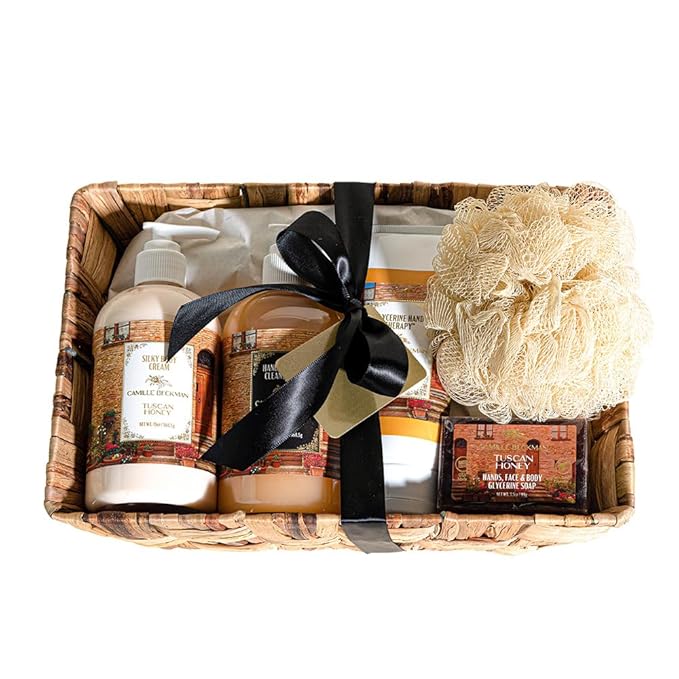 Camille Beckman Essentials Gift Basket, Tuscan Honey, Glycerine Hand Therapy 6 oz, Silky Body Cream 13 oz, Hand and Shower Cleansing Gel 13 oz, Glycerine Soap 3.5 oz-Velvo Beauty