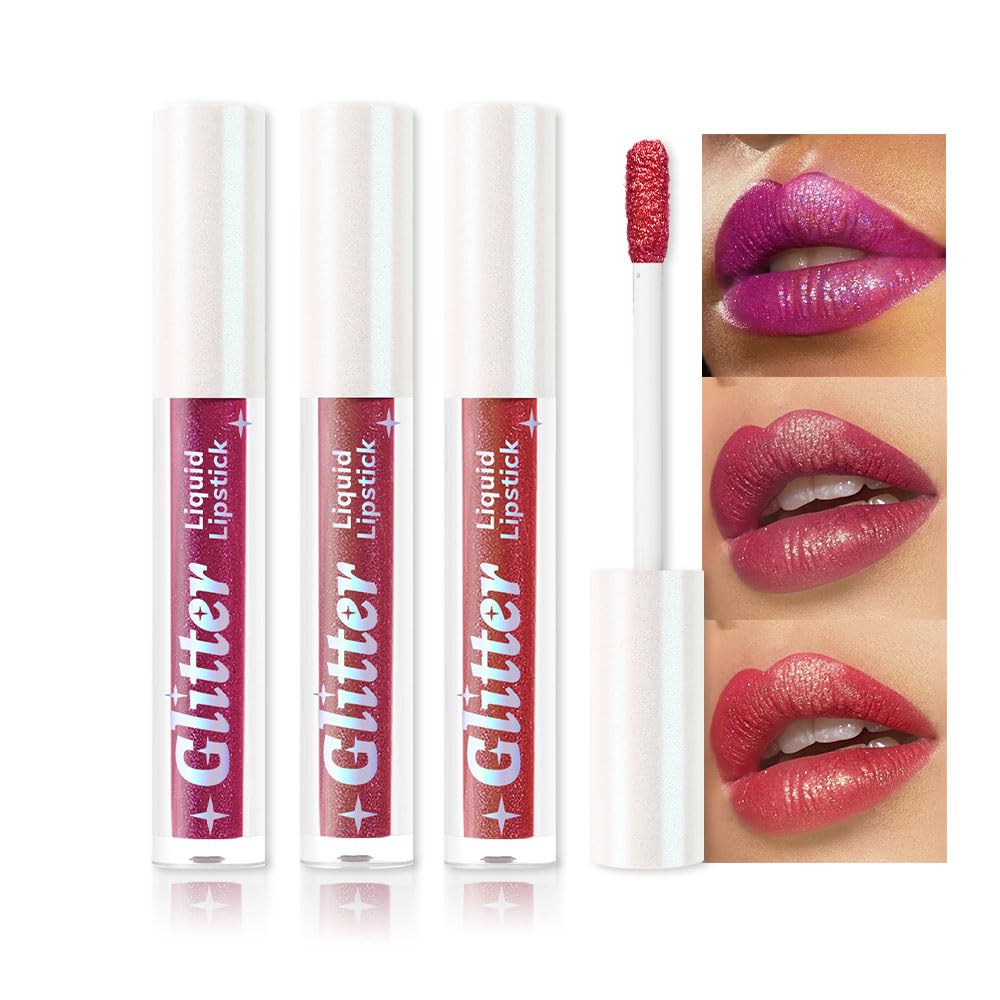 3Pcs Metallic Lipstick for Women,Lightweight Glitter Sparkling Liquid Lipsticks,Shimmer Lip Gloss Stain Long Lasting Waterproof Smudge Proof Non-Drying 24 Hour Full Coverage Lip Makeup,Vegan-Velvo Beauty