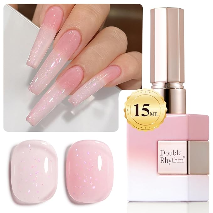 Double Rhythm Gel Polish Translucent Sheer Neutral Natural Light Milky Same Color Same Bottle 15ML Jelly Polish Art DIY at Home (Milky Pink Glitter-A1379)-Velvo Beauty