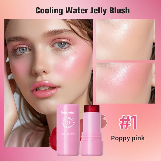 Multi-Use Cooling Water Jelly Blush/Lip Tint & Eye Shadow - Sheer Stain withBuildable Watercolor Finish - Long-Lasting Moisture - 1,000+ Swipes Per Stick - Jelly Texture for Lip & Cheek (Poppy Pink)-Velvo Beauty