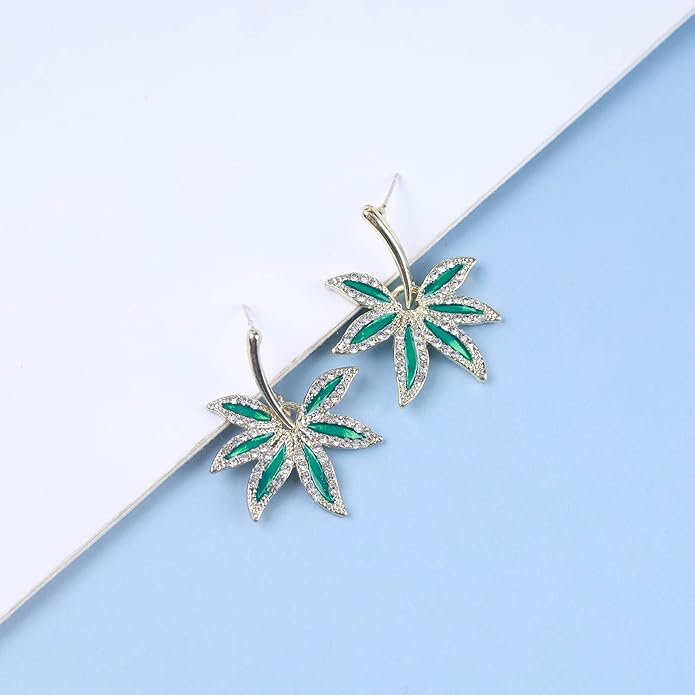 Vintage Emerald Pot Leaf Earrings Green Leaf Drop Earrings Green Marijuana Leaf Earrings Gold Cz Leaf Dangle Earrings Jewelry for Women-Velvo Beauty