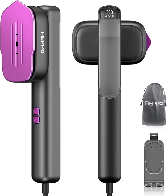 FEPPO Travel Steamer for Clothes, 110-240V Dual Voltage Portable Mini Steamer & Iron 2in1, 1100W Powerful Garment Steamer, Fast Heat Up, Travel Size, HD Display, for Home & Global & Europe Travel-Velvo Beauty