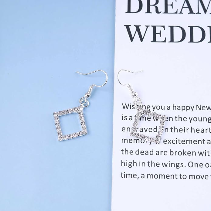 Vintage Crystal Square Drop Earrings Rhinestone Square Dangle Earrings Hollow Square Hook Earrings Silver Sparkly Cz Square Earrings Jewelry for Women-Velvo Beauty