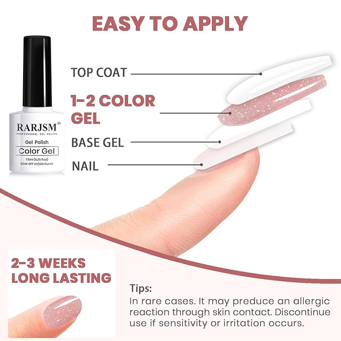 RARJSM Glitter Nude Gel Nail Polish 6pcs Set Shimmery Nail Gel Polish Iridescent Sparkly Gold Rainbow Pigment Jelly Sheer Pink Milky Silver White Translucent Natural Skin Tone Color 7.5ml Soak off-Velvo Beauty