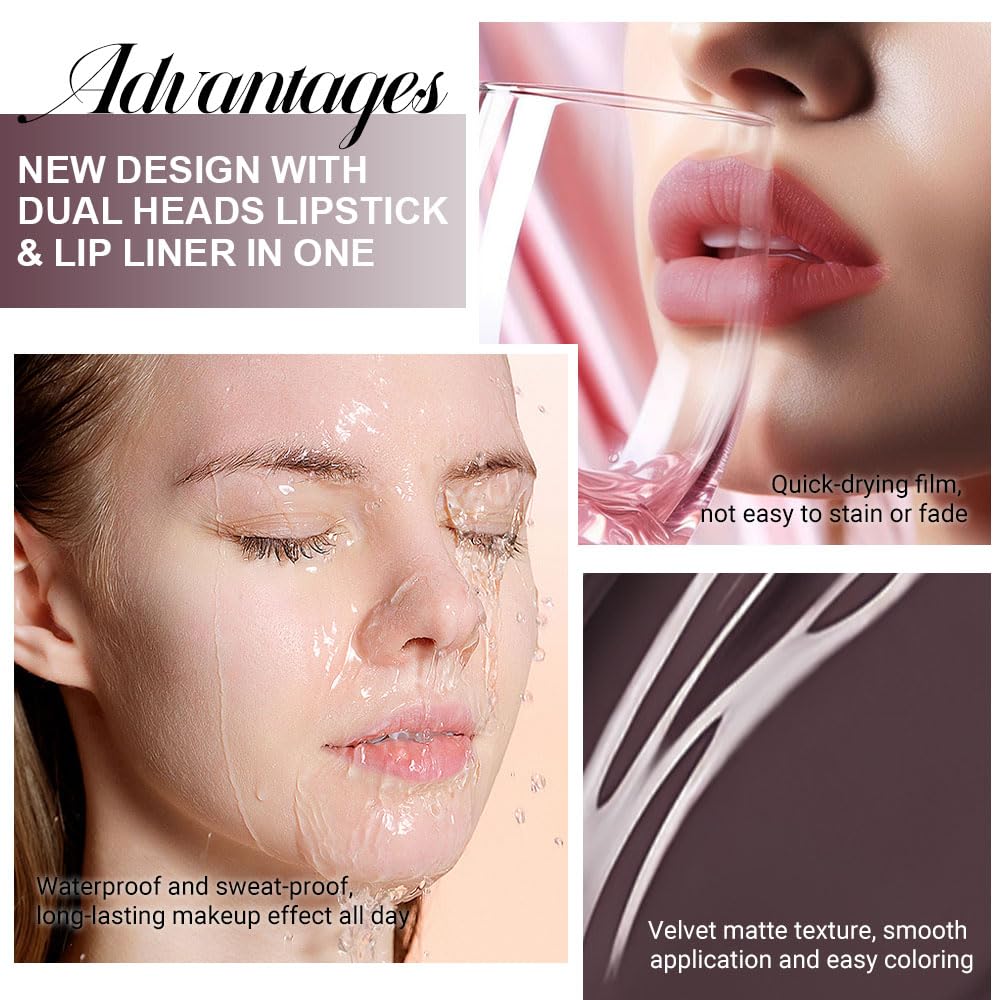 evpct 1Pcs Dark Deep Brown Chocolate Matte Lip Liner and Liquid Lipstick Stain Makeup Set for women, Long Lasting Smudge Proof Lipstick labiales matte mate larga duracion listip 24 hours originales,06-Velvo Beauty