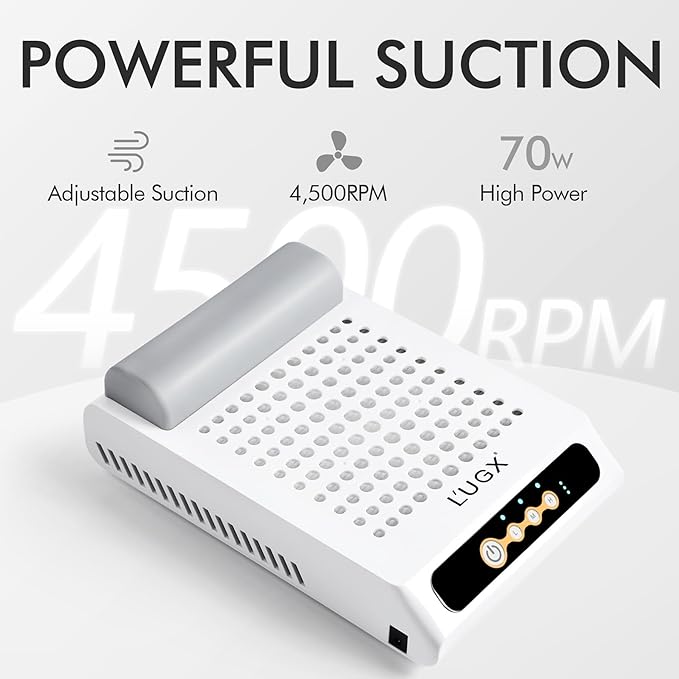 L'UGX Rechargeable Nail Dust Collector with 2 Reusable Filters, Professional 70W Nail Extractor Vacuum Acrylic Nail Dust Cleaner, Perfect for Home Salon Use, Low Noise-Velvo Beauty