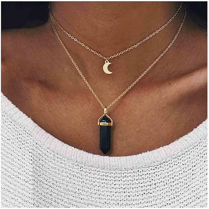 Boho Layered Moonstone Necklace Chain Gold Moon Pendant Necklace Black Hexagonal Stone Necklace Jewelry for Women-Velvo Beauty