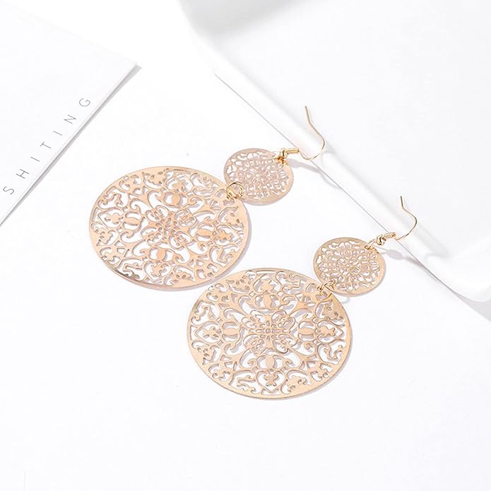 Filigree Hollow Disc Dangle Drop Earrings Boho Gold Ethnic Carved Flower Earrings Double Round Disc Drop Earrings Statement Hook Earrings Wedding Bridesmaid Jewelry for Women and Girls-Velvo Beauty