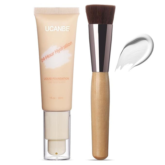 UCANBE White Liquid Foundation with Brush, Skincare Serum Foundation Face Makeup with Hyaluronic Acid, Medium to Medium to Full Coverage Waterproof Oil Control Longwear, for Mature Skin, 1 fl. oz.-Velvo Beauty