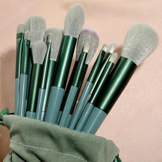 Foundation Makeup Brush Set Kit | 13 Pcs Premium Synthetic Kabuki Eye Shadows Make Up Brushes + 1 Sponge + 1 Brush Bag for Travel and Home Use (GREEN)-Velvo Beauty