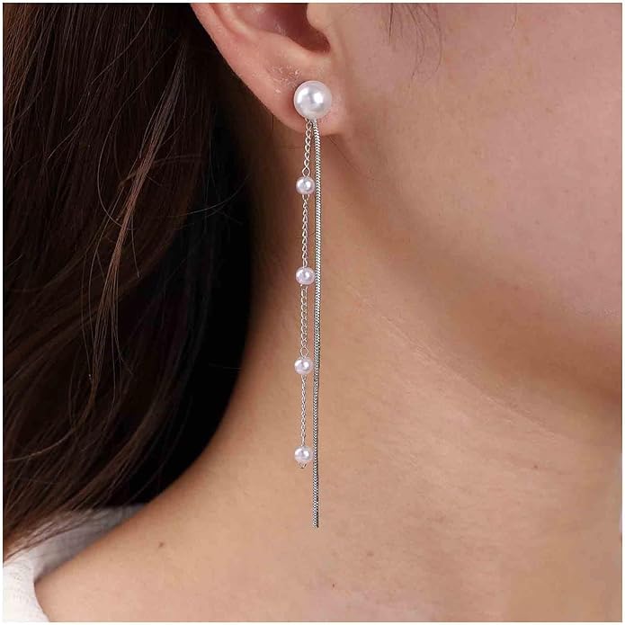 Vintage Pearl Dangle Earrings Long Pearl Chain Earrings Silver Pearl Tassel Drop Earrings Tiny Pearl Bridal Earrings Jewelry for Women-Velvo Beauty