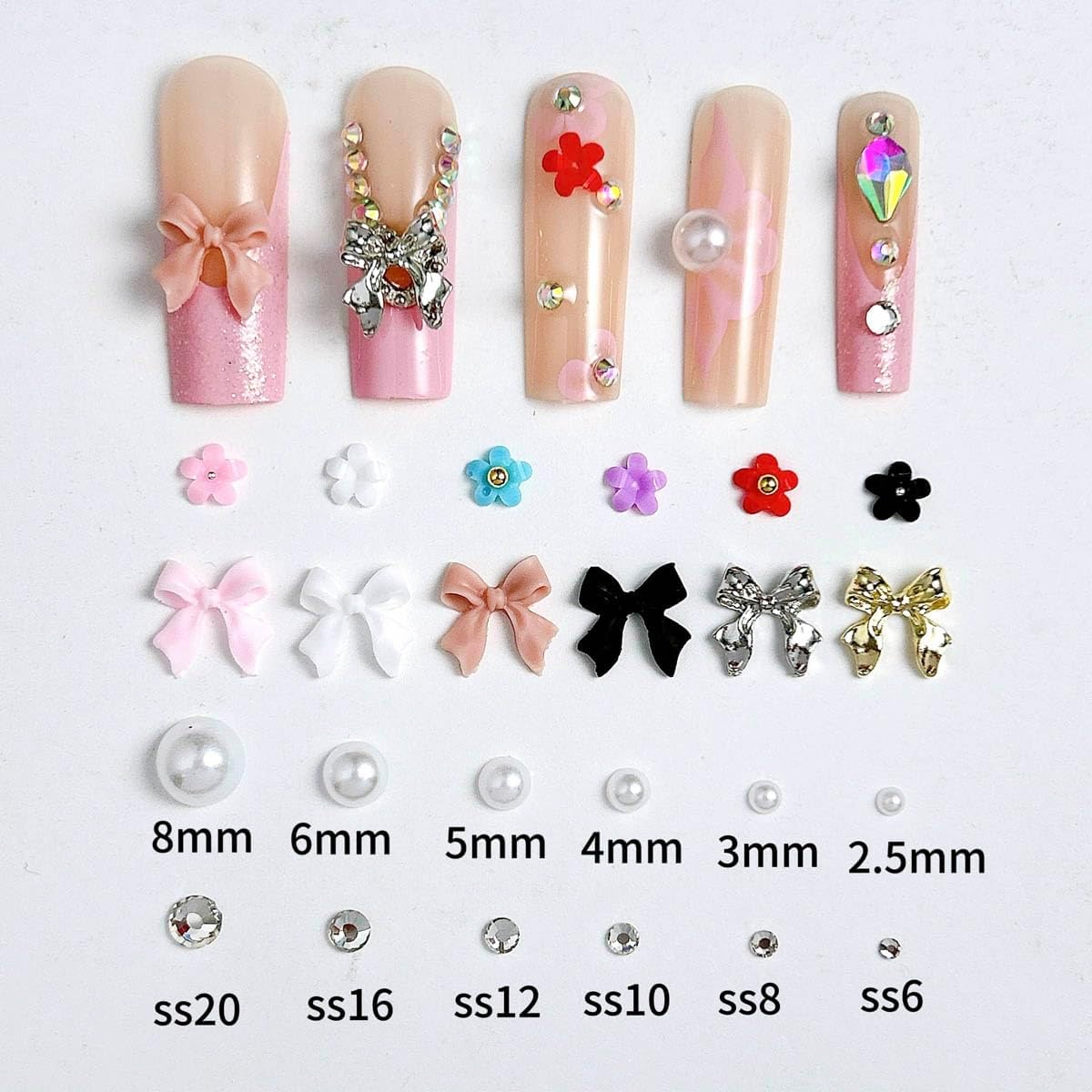 White Pearl Nail Charms and Gems, 3D Colorful Flower Kawaii Metal Bow Charms for Nail Art Rhinestone Nail for Manicure DIY Crafts Jewelry Accessories-Velvo Beauty