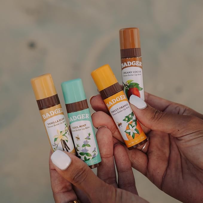 Badger - Cocoa Butter Lip Balm Set, Fair Trade, Certified Organic Lip Butter, Flavored, Cocoa, Vanilla, Orange, Mint, 0.25 oz (4 Pack)-Velvo Beauty