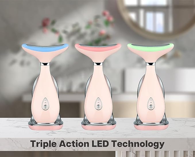 Lily Neck Face Massager, Face Sculpting Tool, Skin Rejuvenation Device with Thermal, Triple Action LED and Vibration, for Anti-Aging, Lifting and Tightening Sagging Skin (Pink)-Velvo Beauty