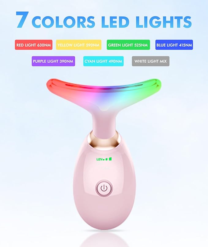 Red-Light-Therapy-for-Face-and-Neck, 7 Color Face Massager Tool for Wrinkles, Double Chin, Vibrating Facial Massager with Thermals for Skin Care, Glossy Pink-Velvo Beauty