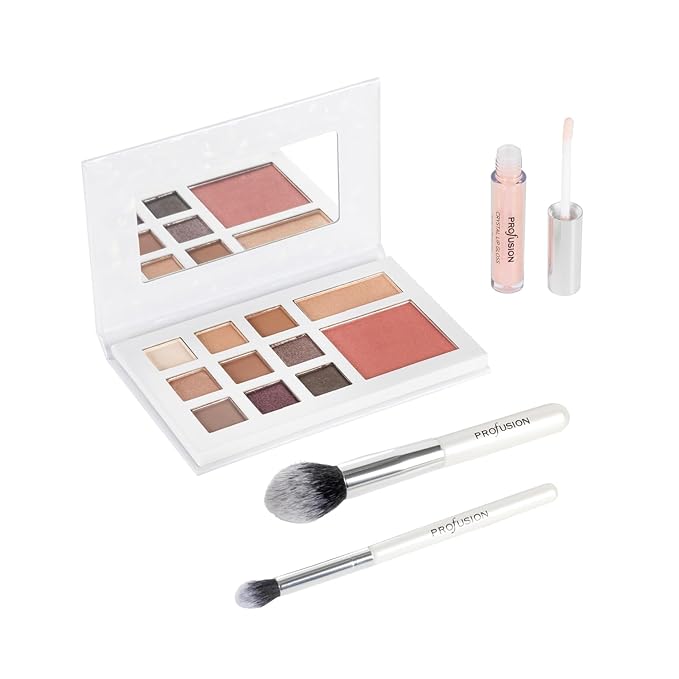 Profusion Cosmetics White Crystals Beauty Box with Makeup Shades, Lip Gloss, and Premium Brushes for Flawless Look, Ideal Gift for Makeup Enthusiasts-Velvo Beauty