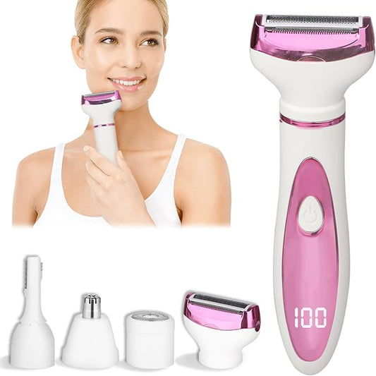 Electric Razor for Women Men,4 in 1 Painless Ladies Wet & Dry Body Razors and Facial Hair Remover,Rechargeable Led Display Hair Removal Kit for Nose Face Body Leg Bikini Arm Hair (Pink)-Velvo Beauty
