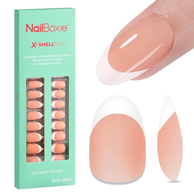 modelones Press on Nails, 150 Pcs French Tip Press on Nails, NailBoxie Brown Short Almond Nail Tips, Soft Gel Nail Tips, Ideal for Wedding, Party, Daily DIY Nail, 15 Sizes (S)-Velvo Beauty