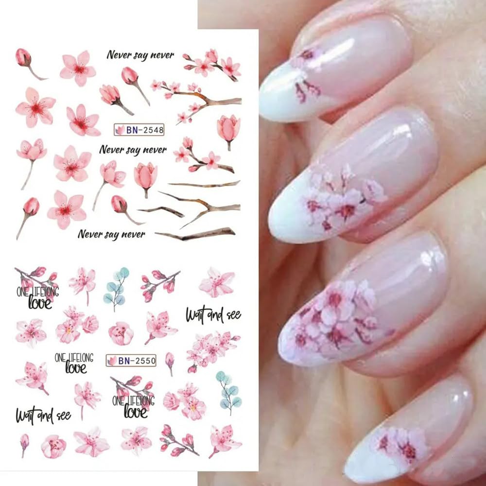 Cherry Blossom Nail Art Stickers - Pink Sakura Water Transfer Foils Decals, Spring Flower Supplies Wrap, Holographic Floral Pattern Acrylic Stickers for Women - 12 Sheets-Velvo Beauty