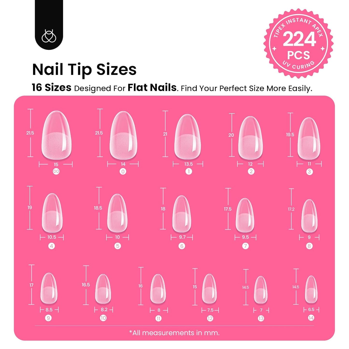 Beetles Tipex Instant Apex Nail Tips Kit, Oval Short 224Pcs 16 Sizes Pre-Building & Pre-Etched Thicker Acrylic Nails False Nail Extension with Tipex Uv Nail Glue Mini Nail Lamp-Velvo Beauty