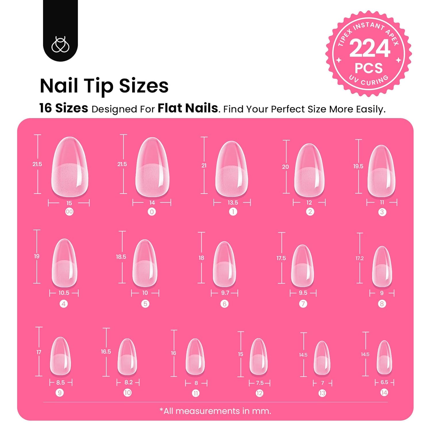 Beetles Tipex Instant Apex Nail Tips Kit, Oval Short 224Pcs 16 Sizes Pre-Building & Pre-Etched Thicker Acrylic Nails False Nail Extension with Tipex Uv Nail Glue Mini Nail Lamp-Velvo Beauty
