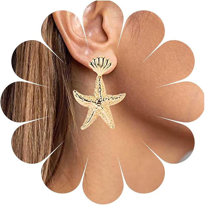 Vintage Starfish Dangle Earrings Starfish Drop Earrings Gold Metal Seashell Stud Earrings Hammered Starfish Earrings Jewelry for Women-Velvo Beauty