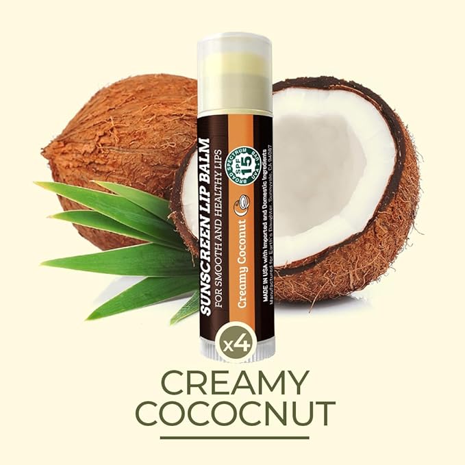 SPF Lip Balm 4-Pack by Earth's Daughter - Lip Sunscreen, SPF 15, Organic Ingredients, Coconut Flavor, Beeswax, Coconut Oil, Vitamin E - Hypoallergenic, Paraben Free, Gluten Free, New-Velvo Beauty