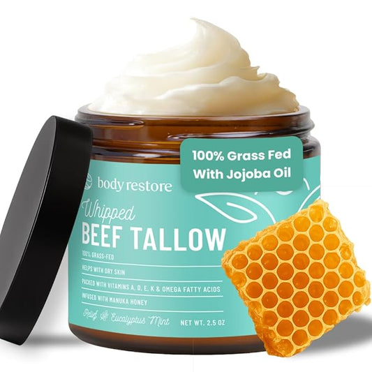 Body Restore Grass Fed Whipped Beef Tallow for Skin, Face, Body, Dry Skin - with Manuka Honey, Jojoba Oil, Birthday Gifts for Women, Men, Travel Essentials, Self Care - Eucalyptus-Velvo Beauty