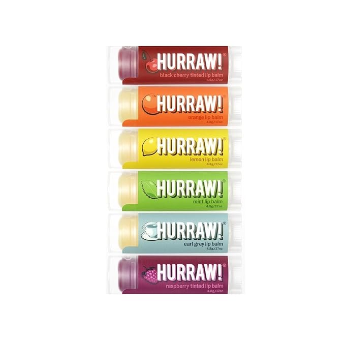 Hurraw! Lip Balms Staff Favorites, 6 Balm Bundle Pack: Black Cherry Tinted (Sheer Red Tint), Orange, Lemon, Mint, Earl Grey, Raspberry Tinted (Sheer Berry Tint). Organic, vegan & raw ingredients.-Velvo Beauty